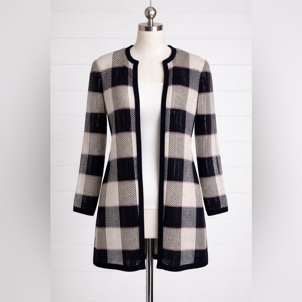 VTG St. John By Marie Gray Metallic Plaid Cardigan Knit Open Front Size 14
